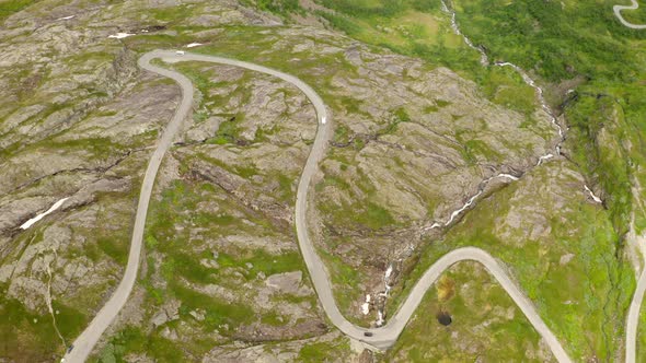 Top View Of Trollstigen Winding Mountain Pass Road In Geiranger, Norway. - Aerial Shot