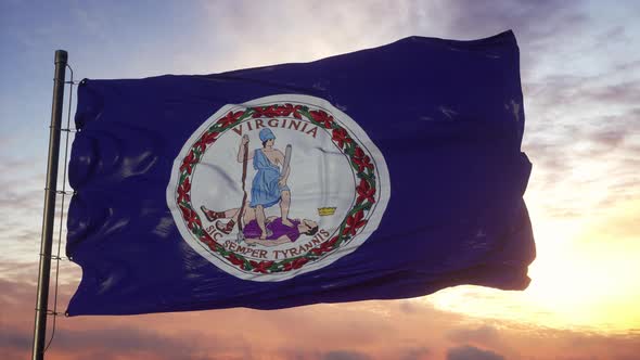 Flag of Virginia Waving in the Wind Against Deep Beautiful Sky at Sunset