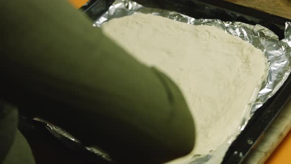 I Spread the Dough on the Baking Tray with Aluminum Foil