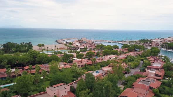 Aerial View on Marina Portorosa Landscape, Furnari, Italy. Mediterranean Sea, Blue Sky. Buildings