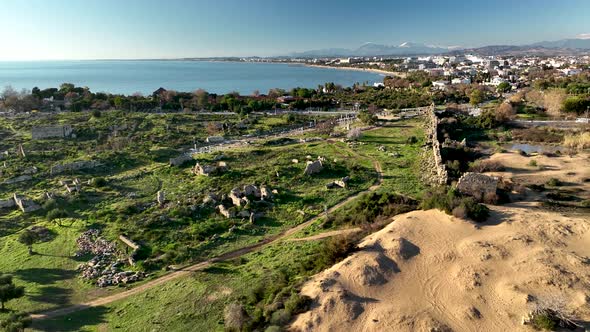 Ruins of an ancient city aerial view 4 K Turkey Side