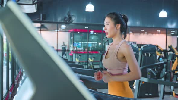 Active attractive sport girl in sportswear exercise by running in Treadmill in gym or fitness club.