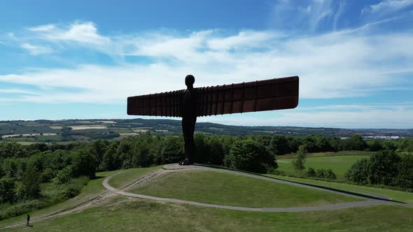 Angel of the North. Drone shot pans from right to left showing the front of the Angel Of The North i