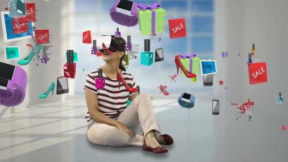 Woman using virtual reality headset with digitally generated sale icons 4k