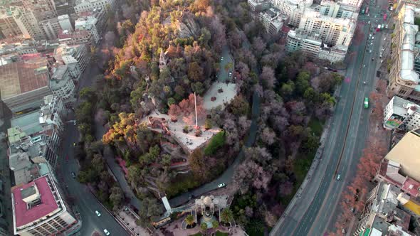 A drone shot of Caupolican terrace and main avenue Alameda, Santiago Downtown, Chile