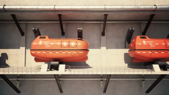 The infinite amount of red emergency lifeboats. Safety equipment. Loopable. HD