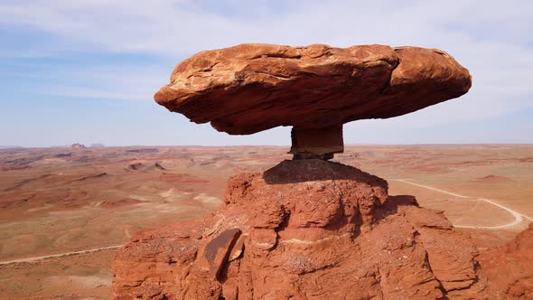 Aerial of Mexican Hat Rock Formation In Utah