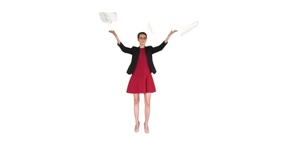 Business Woman in Red Dress Throws Away Documents on White Background.