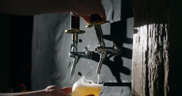 Barman Pours Unfiltered Light Beer From the Beer Tap to the Glass in Slow Motion Pouring Wheat Beer