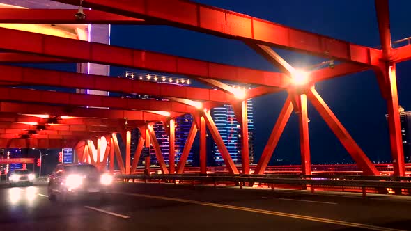 Delayed Night Traffic Scene Of Ships In Zhejiang High Rise Building Light Bridge 