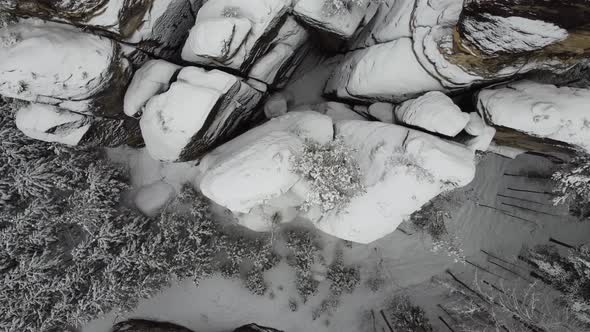 Drone shot of Bohemian Paradise in winter. Rock formations in the Czech Republic 