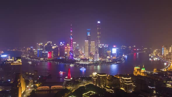 Shanghai City at Night. Urban Lujiazui District Aerial View