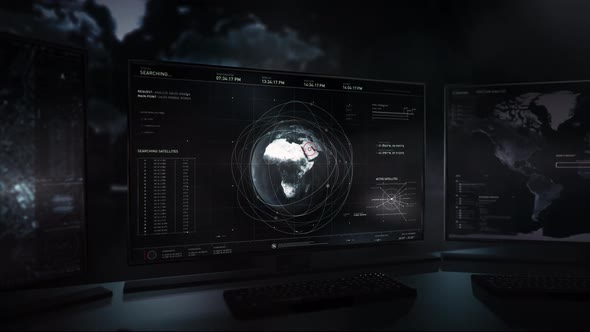 Target location software searching for terrorists around the world. Satellites alt