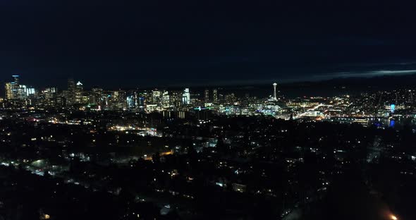 Seattle Wa City Skyline Lit Up At Night Aerial Perspective