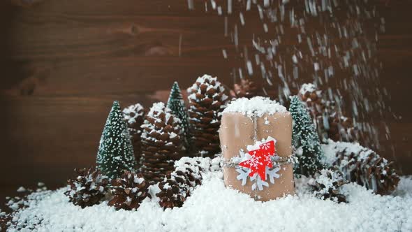 Christmas and New Year Background with Snow, Pine Cones, Present with Red Fir Tree.
