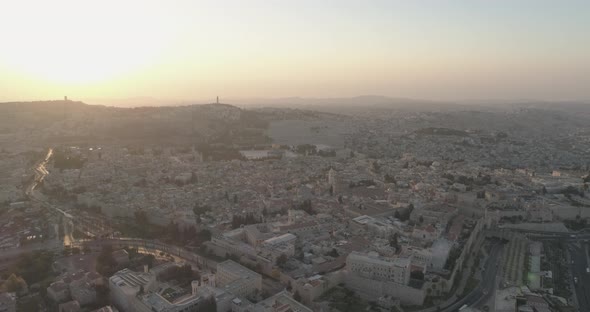 Twilight hour, sunset over Jerusalem city, aerial view, drone.