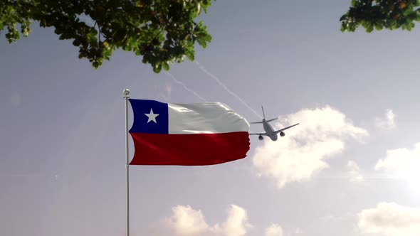 Chile Flag With Airplane And City -3D rendering