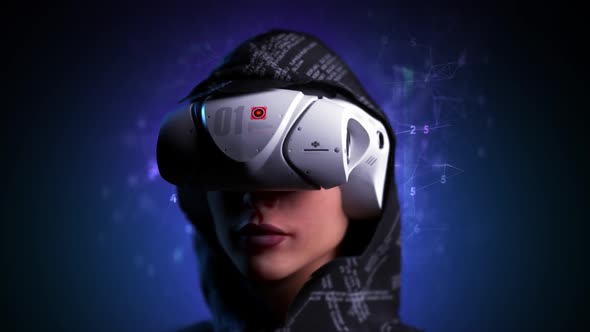loop animation. Portrait of a girl in a vr helmet on a digital background. foreground