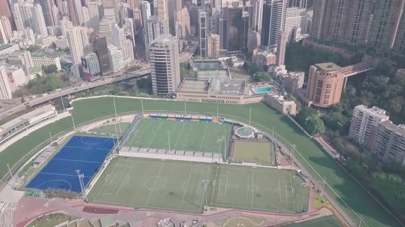 Hong Kong Jockey Club Racecourse in Happy Valley. Aerial drone view