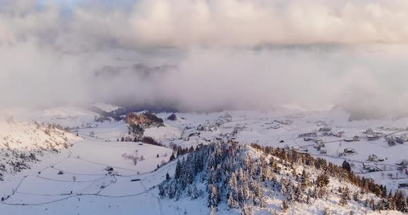 Cheile Gradistei Fundata, Romania - Panoramic Mountain View In Snow On Winter Cloudy Day - Aerial Dr