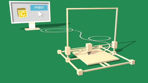 Simple Animation of Printing a child block with a 3D Printer. Green Background.
