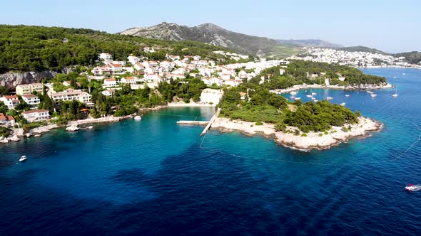 Aerial View Hvar island, Dalmatia, Croatia. Famous landmark and touristic destination for travel in