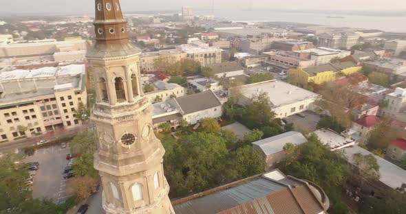 Circular Aerial Shot of St Philips Church in Downtown Charleston, SC