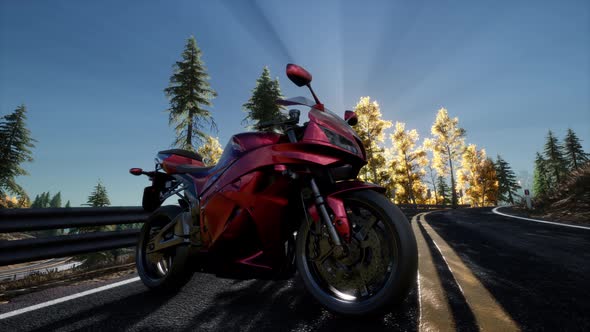 Sportbike on Tre Road in Forest with Sun Beams