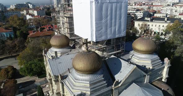 Restoration process of church, cathedral, maintenance and gold plating of its domes.