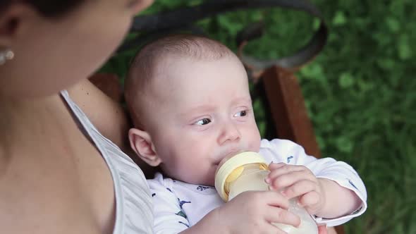 Mother Feeding Baby with Milk on a Park. Baby Suckling Milk From Feeding Bottle