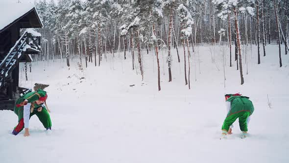 Two elves in green clothing are playing snowballs together on the forest background.