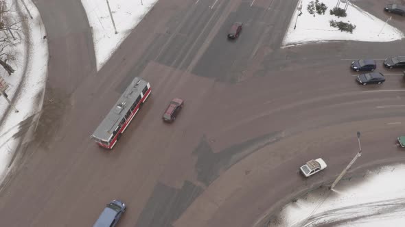 Aerial View Of Winter Traffic On The Street