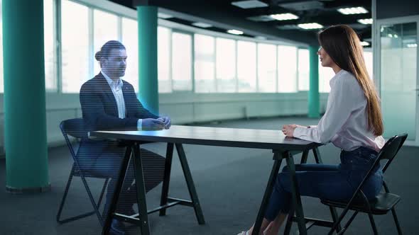 Metaverse Female Financial Analyst and the Businessman Hologram Communicate and Discuss the Business