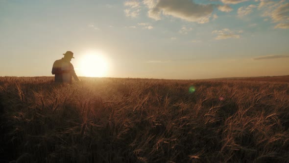 Young Handsome Farmer in Field Holds Smartphone. Farmer Using Smartphone Management on Farm.