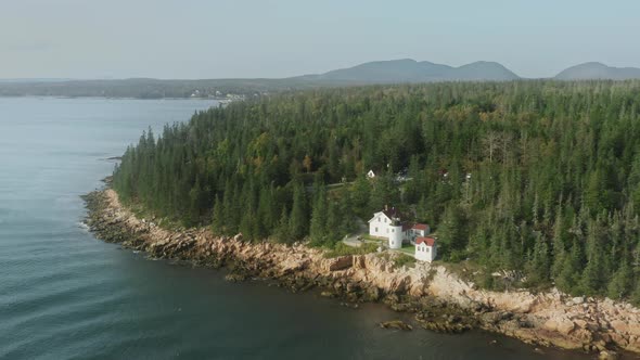 Aerial Bass Harbor Head Lighthouse Landmark in Acadia National Park Maine USA