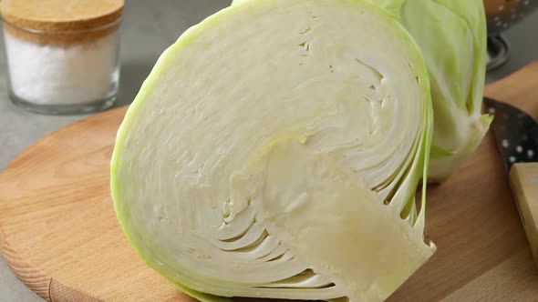  Fresh halved white cabbage close up