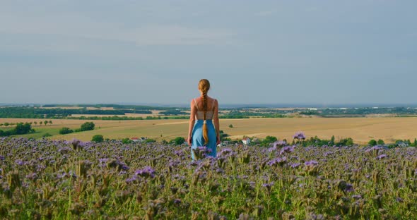 Rear View of Young Woman Enjoying in Violet Flowers Field
