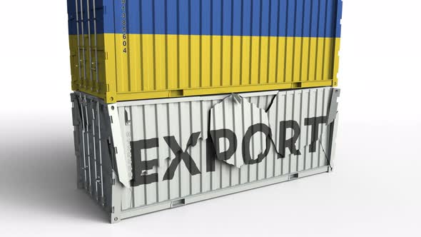 Container with Flag of Ukraine Breaks Container with EXPORT Text alt