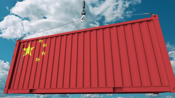 Loading Cargo Container with Flag of China