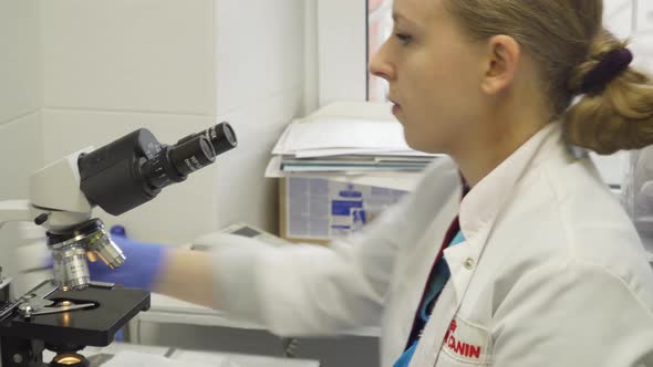 Woman Doctor Looks in a Microscope