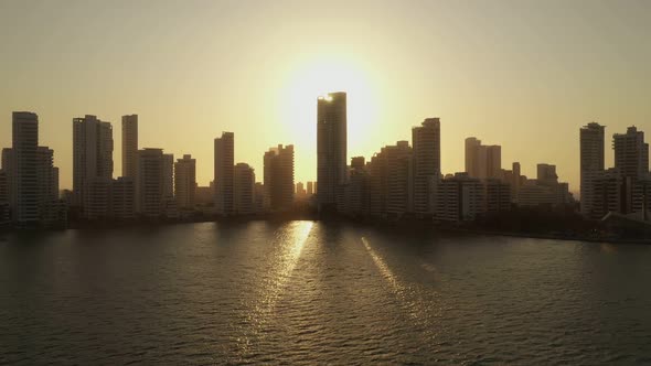 Beautiful Sunset Over Modern Skyscrapers Business Apartments Hotels Aerial View