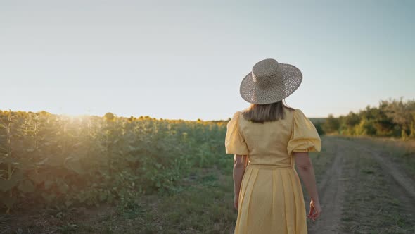 Attractive Woman in Oldfashioned Dress Walking Alone Near Sunflowers Field