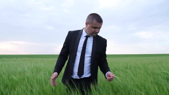 The Head of the Farm in the Middle of a Green Field He in a Business Suit