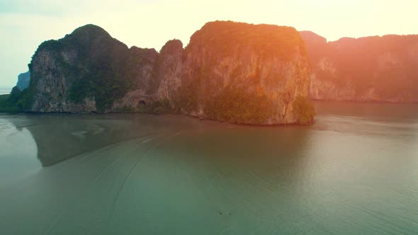 Aerial sunset above mountain silhouette. Beautiful views of the Andaman Sea