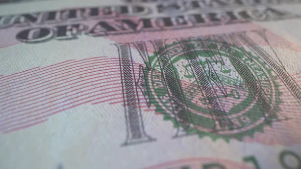 American Money. 50 USA Dollars Bill in Close Up Shot. Slow Panorama on Banknote. Green Stamp