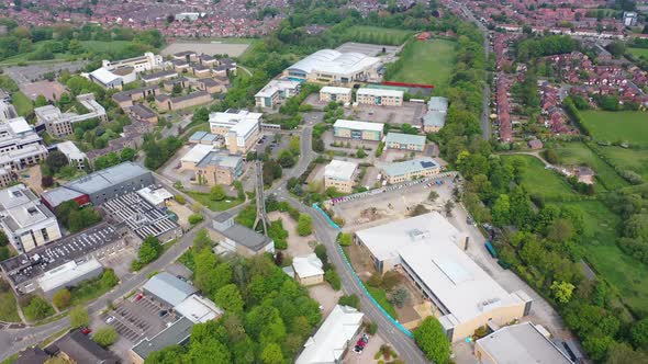 Aerial footage of the large university buildings known as Constantine College in the City of York UK