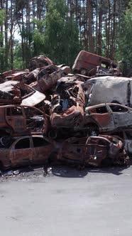 Vertical Video of Burnt Cars During the War in Ukraine