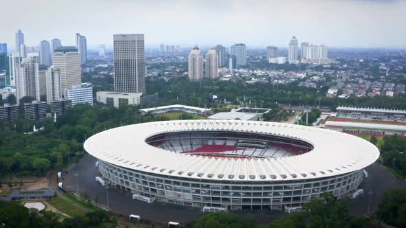 Drone Shot of Gelora Bung Karno Stadium and Cityscape, Jakarta - Indonesia