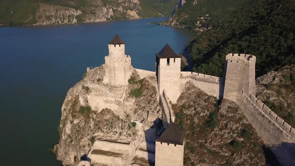 Aerial view of beautiful Golubac fortress and Danube river