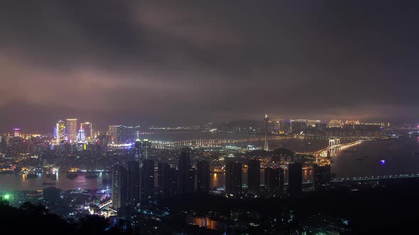 Macau Peninsula Night Districts By Bridge in China Timelapse